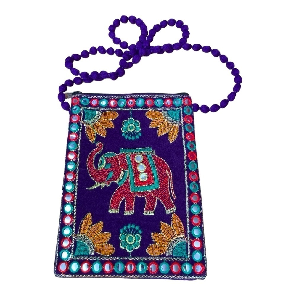 Ethnic India Embroidered Bag with Elephant, Mirrored Detail and Mixed Designs